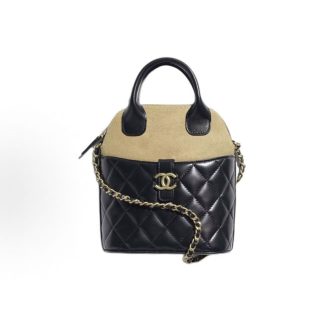 CHANEL 25A diamond plaid leather chain on one shoulder Suede gold hardware Tote bag Women's black beige