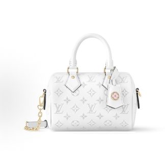 LOUIS VUITTON Speedy 20 Logo Print Zip Closure One Shoulder Crossbody Tote Bag White