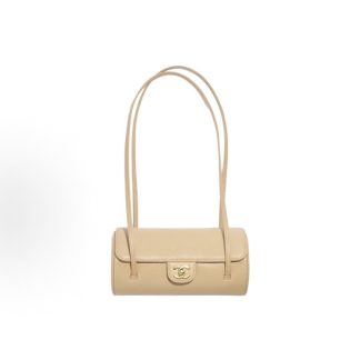 CHANEL 26P Aged Gold Standard Double C Logo Long Handle Granular Embossed Glossy Calfskin Patched Gold Metal Bowling Bag Shoulder Bag Small Women's Style