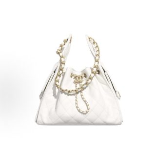 CHANEL 25Bag 25S Gold Label Double C Logo Diamond Quilted Leather Chain Grained Calfskin Gold Metal Hippie Bag Shoulder Bag Small Women's White