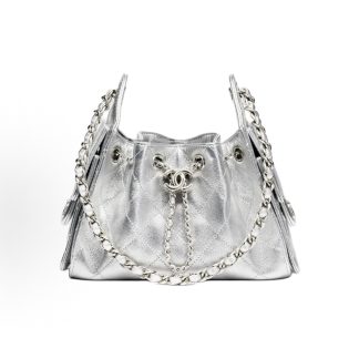 CHANEL 25Bag 26C Silver Label Double C Logo Diamond Quilted Leather Chain Hippie Bag Shoulder Bag Mini Silver