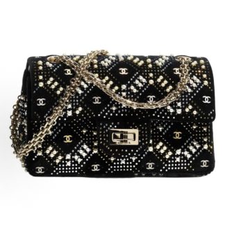 CHANEL Velvet Crystal Pearl Double C Logo Metal Flap One Shoulder Crossbody Bag Mini Black