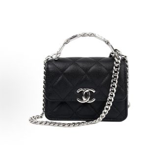 CHANEL Spring/Summer 22SS Enamel Handle Flap Silver Buckle Rhombus One Shoulder Crossbody Tote Mini Black