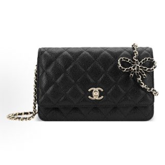 CHANEL Gold Buckle Diamond Bow Leather Chain Grained Lychee One Shoulder Crossbody Purse Black