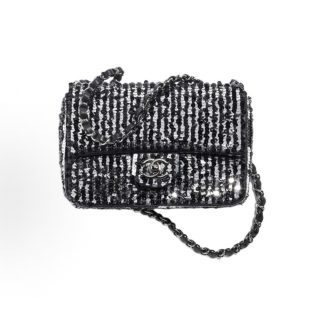 CHANEL Metal logo chain Leather chain Sequins Flap bag Crossbody shoulder bag black with silver