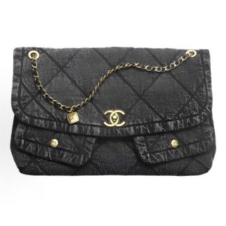 CHANEL Maxi 25K Double C Logo Rhombus Leather Chain Denim Gold Hardware Flap Bag Shoulder Bag Women's Black