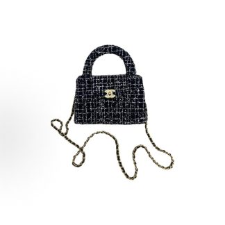 CHANEL 24P Spring/Summer Kelly Gold label chain with handle, leather chain, tweed woven woolen, single-shoulder crossbody handbag, mini women's black and white