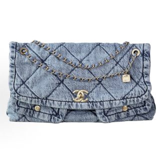 CHANEL Double C Logo Diamond Plaid Leather Chain Denim Shoulder Bag Women's Light Blue