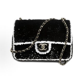 CHANEL 25K Double C Logo Flap Bag Sequin Metal Crossbody Shoulder Bag Women's Black Patch White